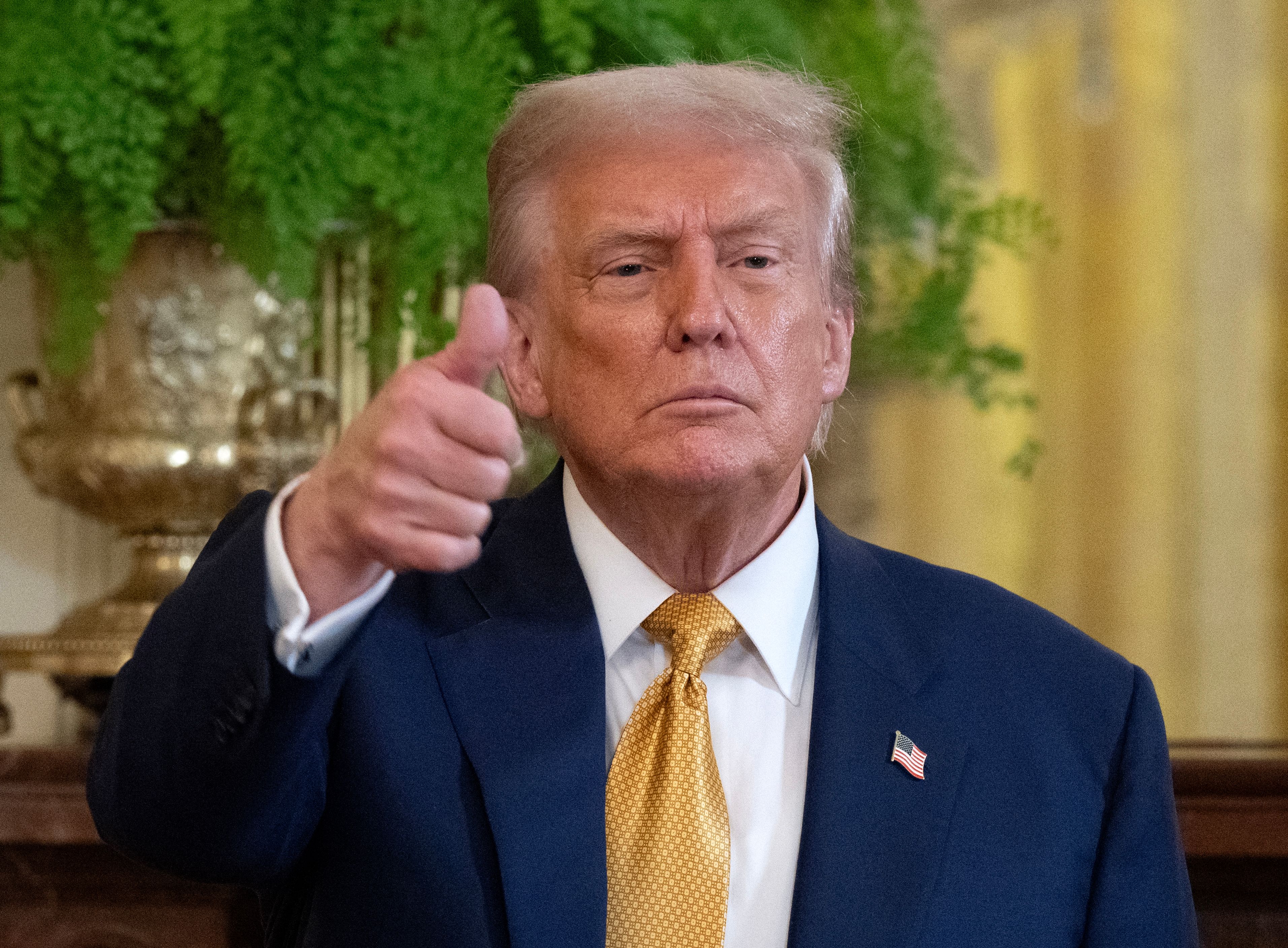 Президент США Дональд Трамп робить схвальний жест пресі Президент США Дональд Трамп робить схвальний жест пресі